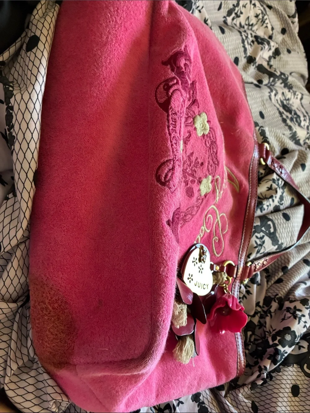Juicy Couture Hot Pink Suede Tote with Gold Embroidery and Heart Charms
